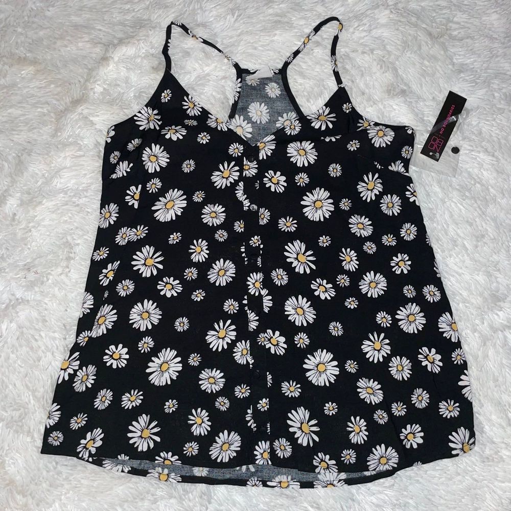 Nwt Nobo Woven Daisy floral tank top black racerback sleeveless v-neck cami - Picture 4 of 6